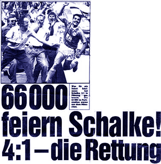 Zeitungsartikel mit Titel "66000 feiern Schalke! 4:1 - die Rettung"