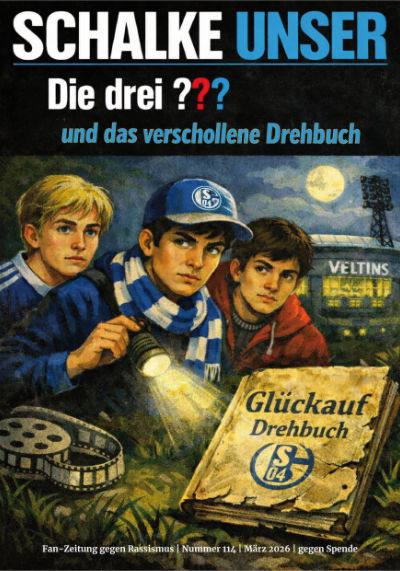 Cover des SCHALKE UNSER 114 im Stiel von drei Fragezeichen auf der Suche nach einem verschollenen Drehbuch